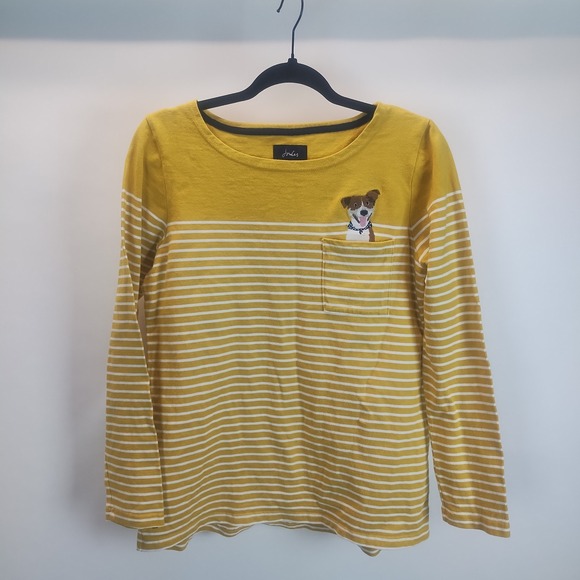 Joules Tops - Joules 100% Cotton Yellow White Striped Long Sleeve Embroidered Dog Pocket Sz 10